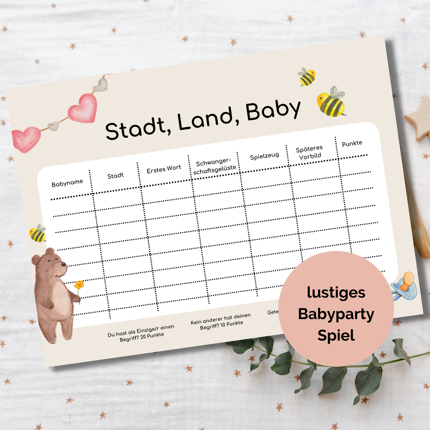Stadt, Land, Baby Babyparty Spiel