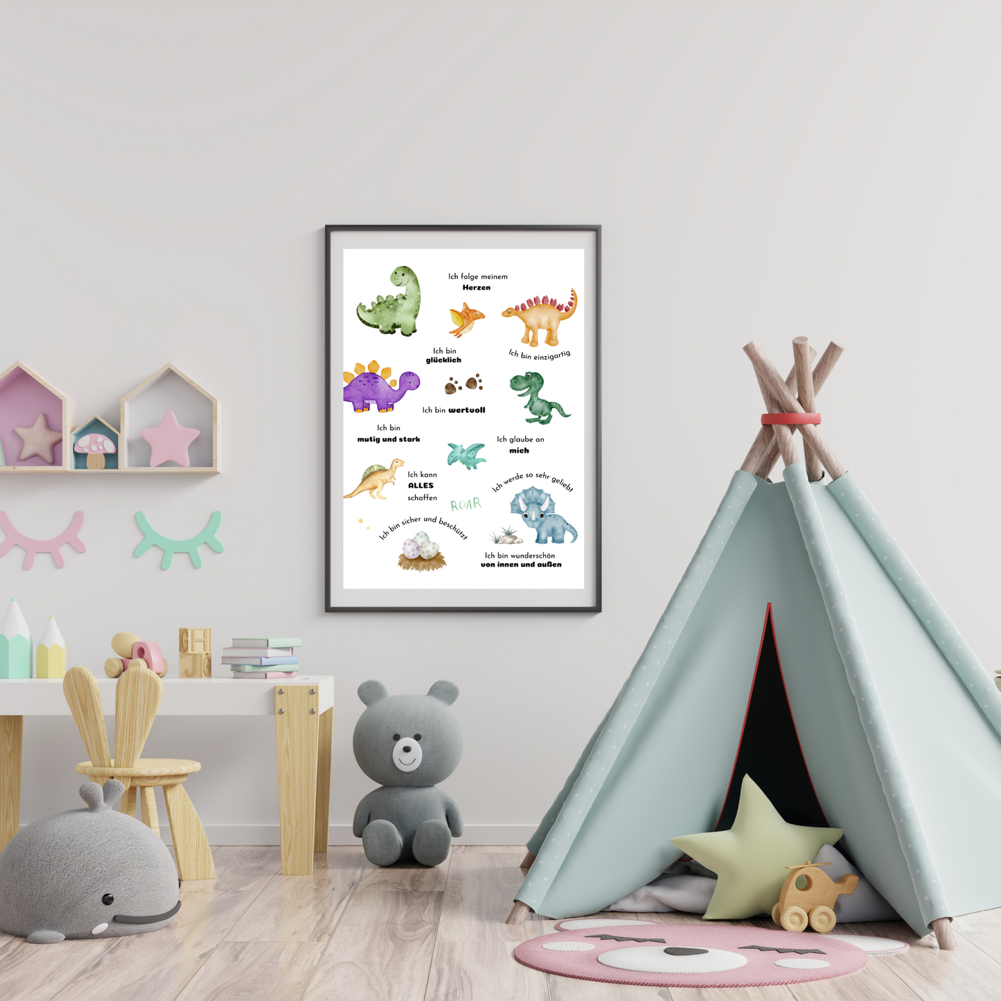 Kinderposter: Dinosaurier im Aquarell Design mit Selbstvertrauen Affirmationen