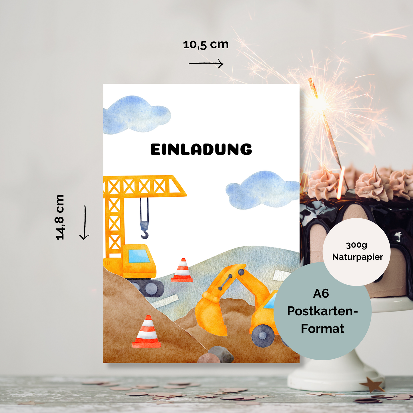 Feiere deinen großen Tag mit einer Baustellenthema-Einladungskarte -Bagger und Fahrzeuge