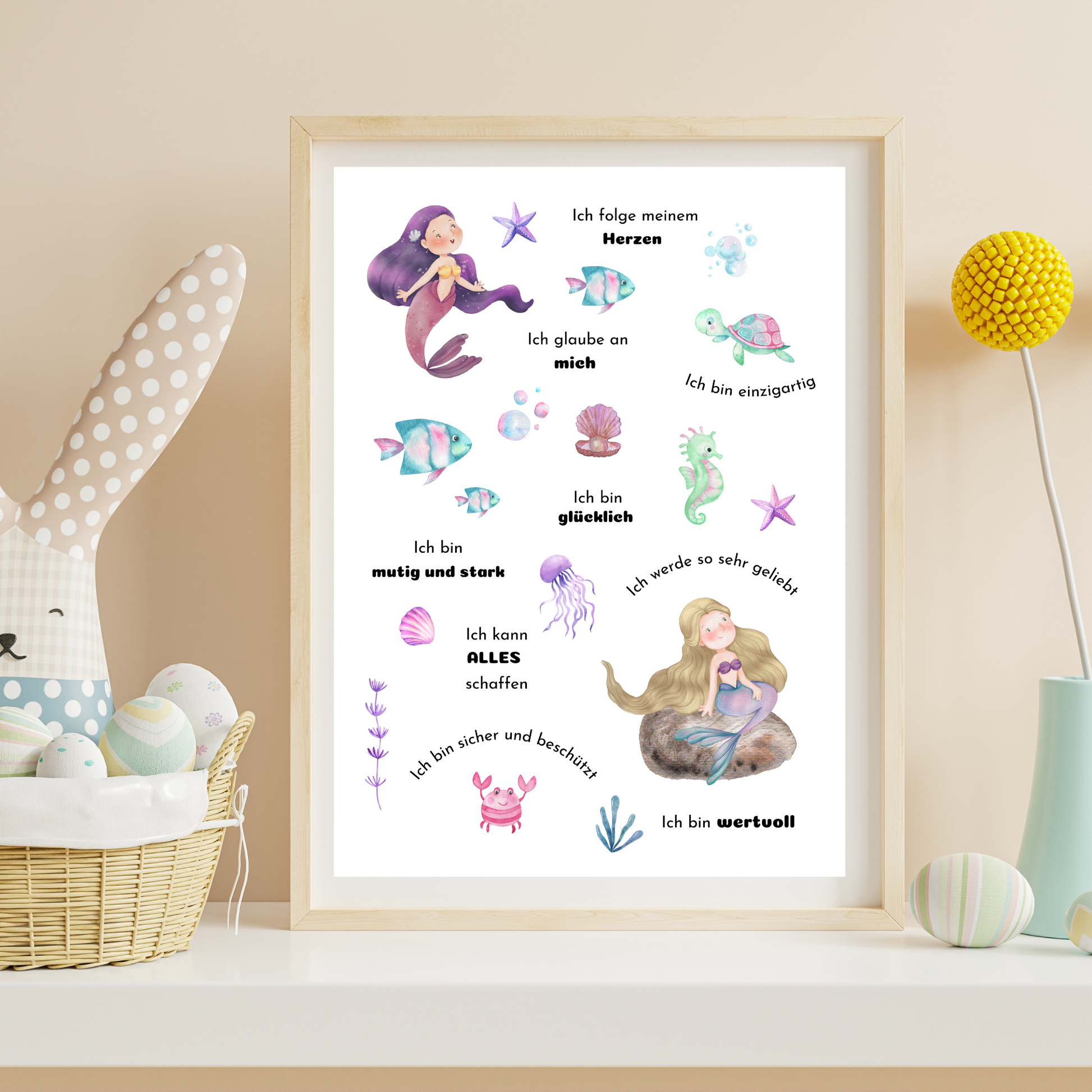 10 stärkende Affirmationen auf Meerjungfrauen-Poster für Kinder