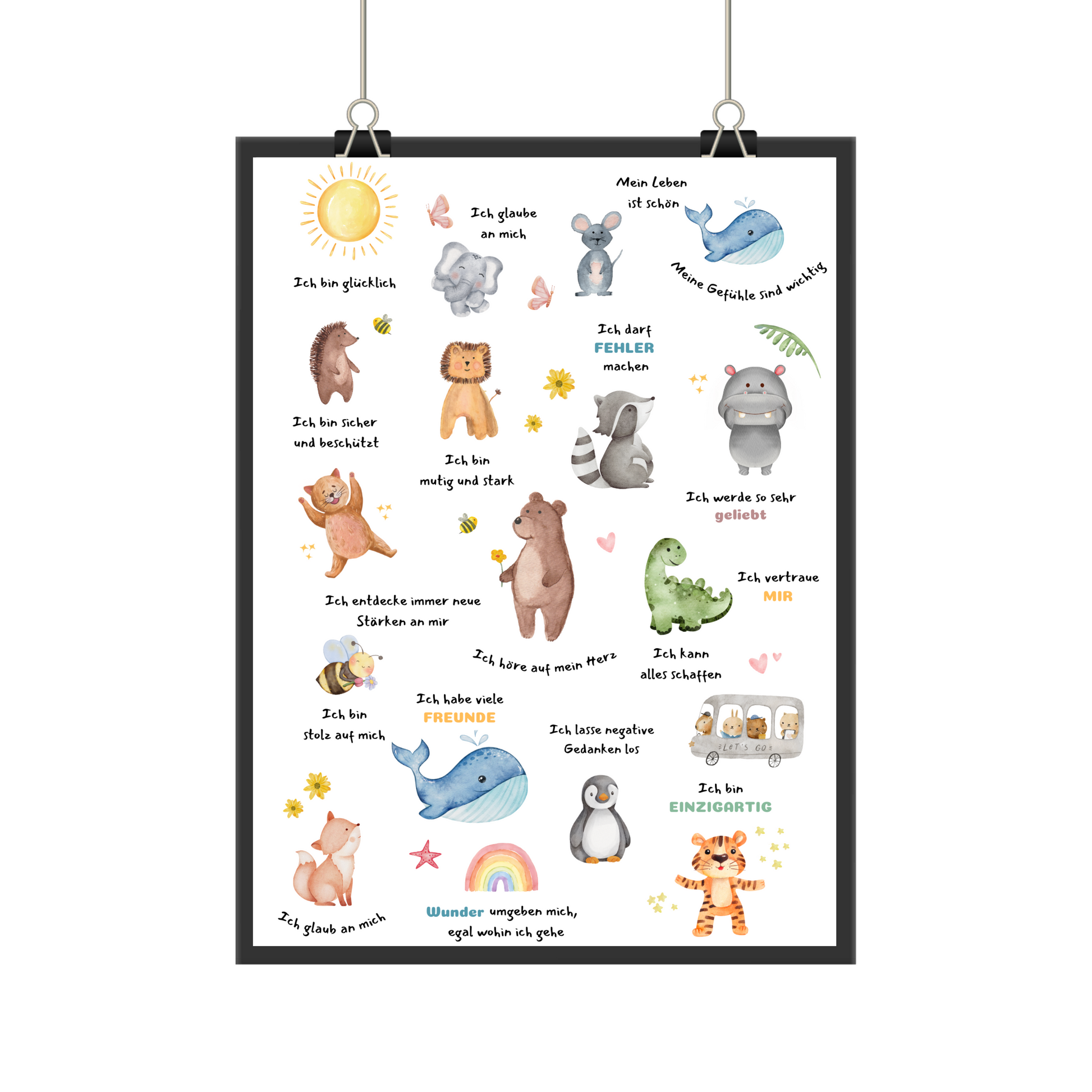 Kinder Affirmationsposter Tiere