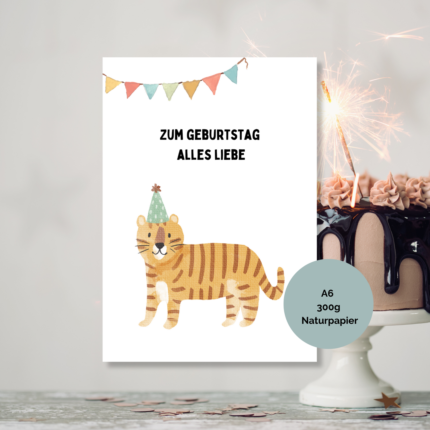 Geburtstagskarte mit süßem Tiger-Motiv in Aquarell-Optik - perfekt für kleine Tierliebhaber.