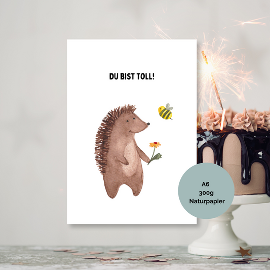 Niedliche Igel-Postkarte mit motivierendem Spruch für Kinder