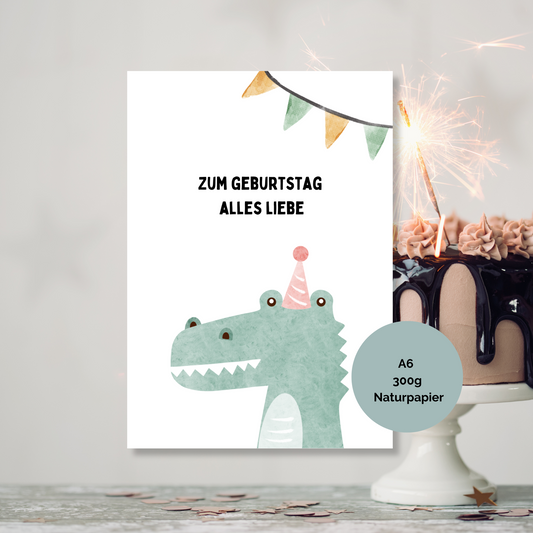 Krokodil Geburtstagskarte für Kinder in Aquarell Design