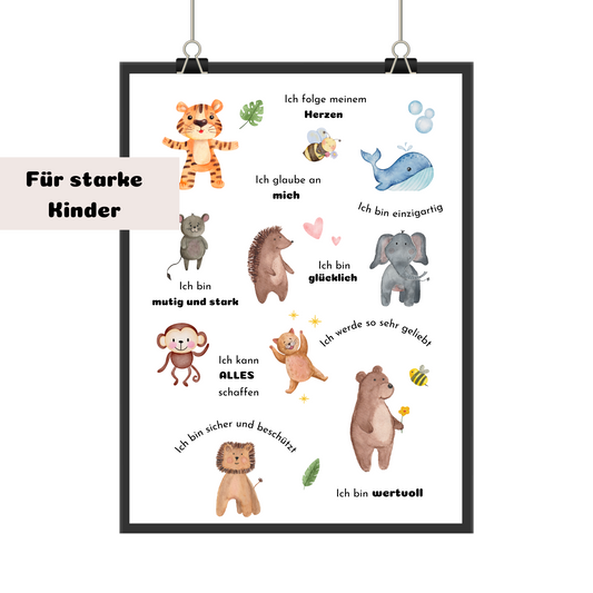 Affirmationsposter für Kinderzimmer mit Löwenmotiv und positiven Glaubenssätzen